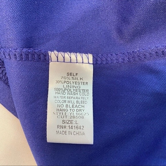 UA LA Cut Out Lattice Detail Dress Sleeveless Sexy Blue Purple Silk Midi SZ L - Picture 8 of 10